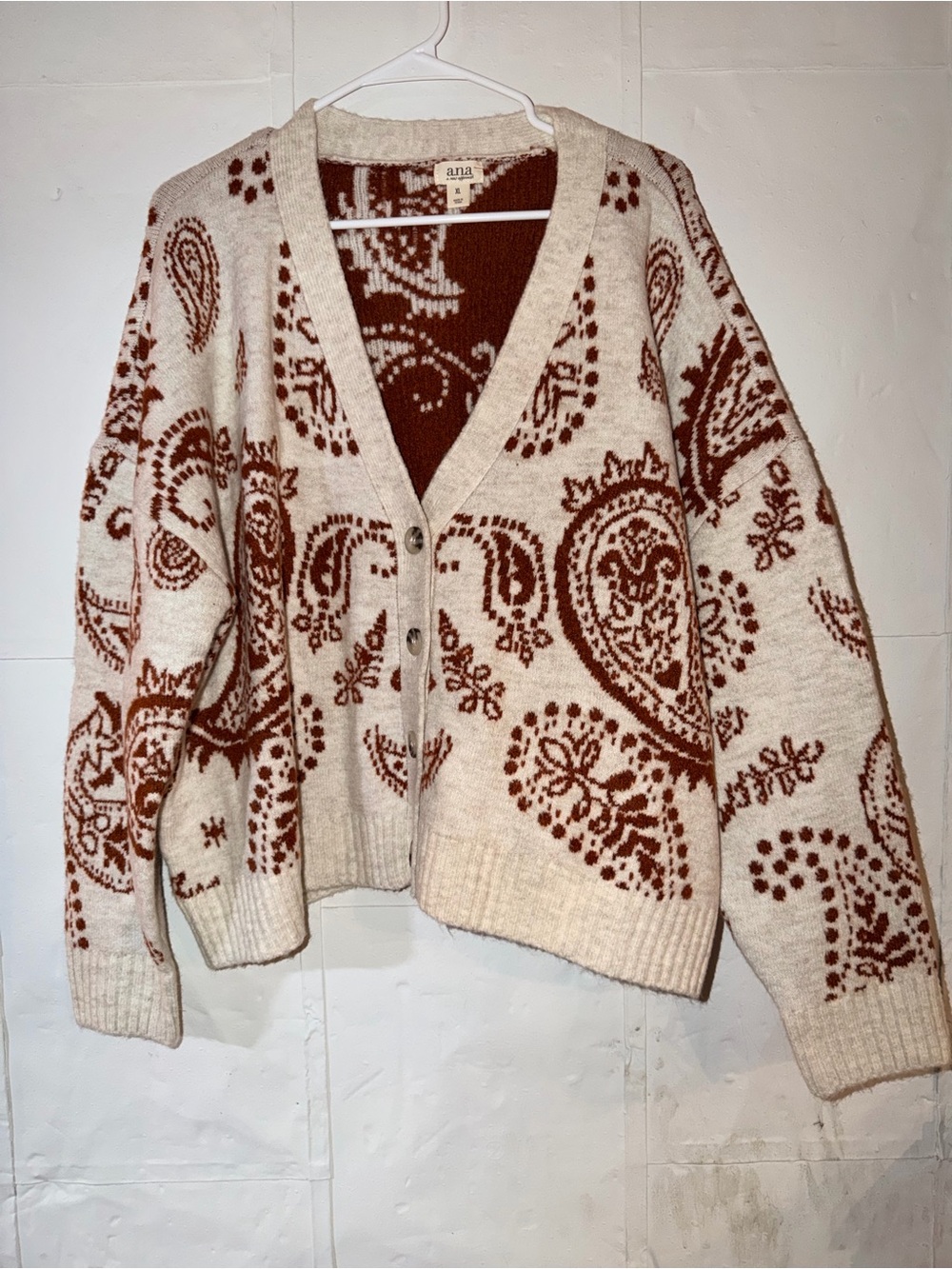 a.n.a Cream and Brown Paisley Button-Front Cardigan (NWT)